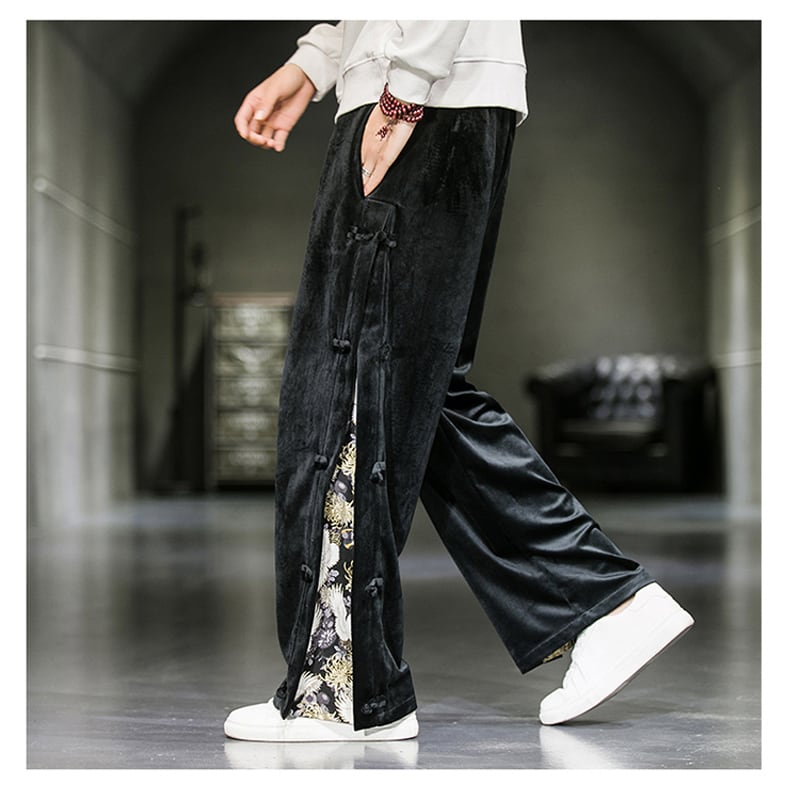 [PINZHI Series]★China style trousers★ 2color black or gray brushed lining casual pants crane thick warm