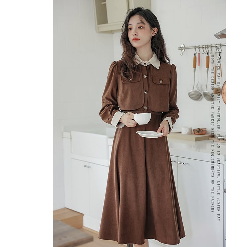 [Encounter series] ★Dress★ 2color with belt corduroy temperament improvement date easy to match