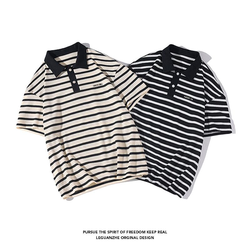 [BIGEMAN Series]★Polo shirt★ Tops 2color Unisex Men's Large size Striped pattern Horizontal stripes