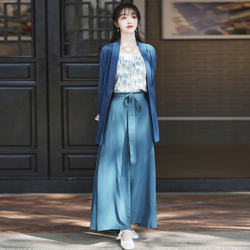 [MINZU Series]★Chinese style setup★ 3-piece set Camisole + Happi coat + Trousers Chinese clothes Blue Blue