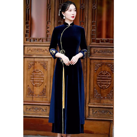 [ZHEZI series]★China dress★ 3color velvet embroidery large size long length green blue red