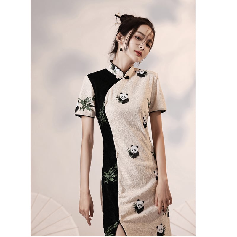 [Yukaku series] ★Cheongsam dress★ China dress Lace Improves temperament Panda Color scheme Beige