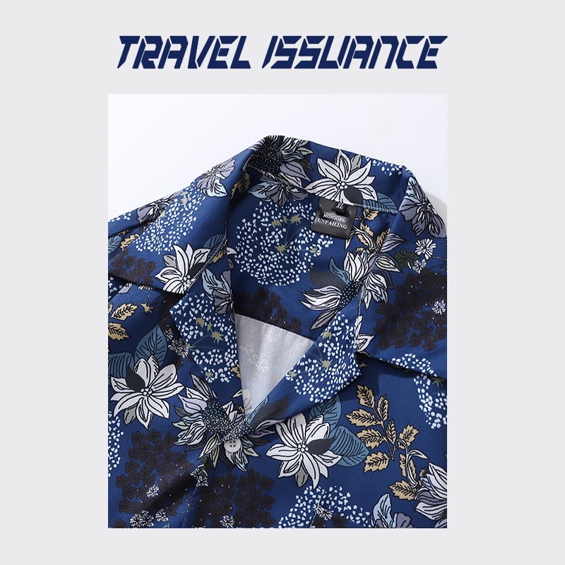 【TRAVEL ISSUANCEシリーズ】★花柄シャツ★ 男女兼用 メンズ 個性的 ゆったり 合わせやすい ダークブルー 青い