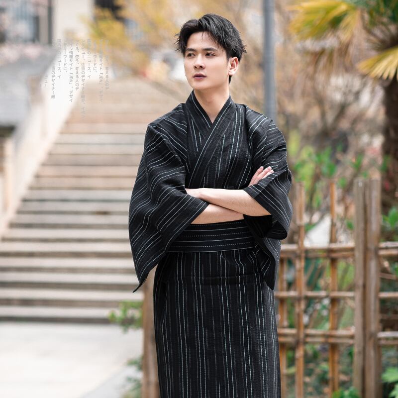 [TEKU Series]★Setup★ Yukata + Obi Unisex Men's Fireworks Festival Festival Men's Set Yukata Black Striped Pattern