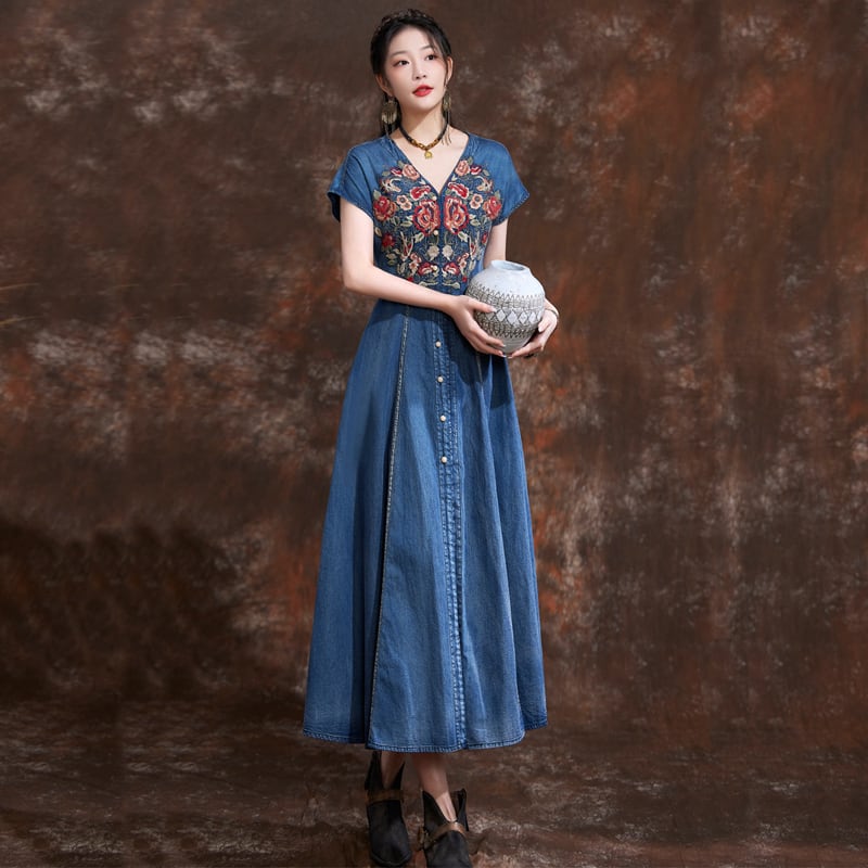 [KAWAYI Series]★Chinese style dress★ Embroidery Ethnic style V-neck Chinese clothing Tang suit Retro Blue Blue ML XL 2XL