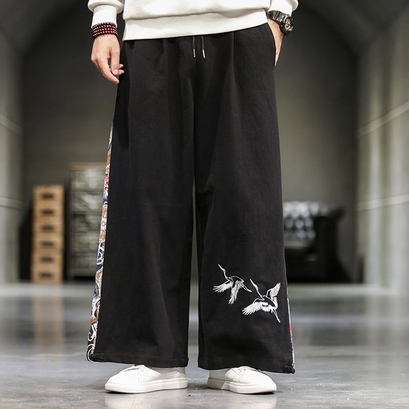 [Tsuncho Series] ★China style pants★ 3color wide pants black navy gray men's large size switching cool