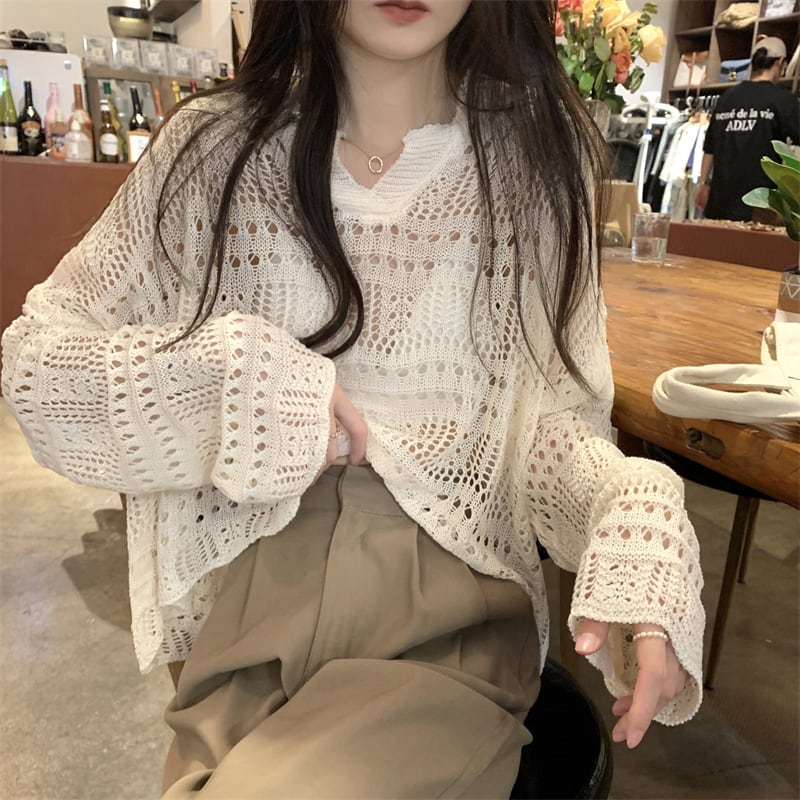 [Saikusou Series] ★Sweater★ 3color Knit Tops Openwork Mini Length Loose V Neck Beige Simple