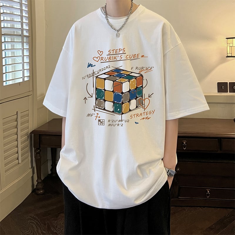 [V37 Series]★T-shirt★ Tops 7color Unisex Men's Large Size Rubik's Cube Pattern