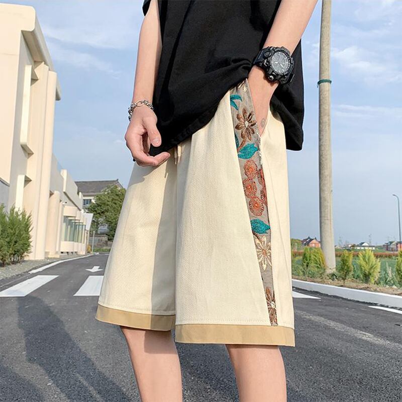 [V37 Series] ★Shorts★ 2color Black or Beige Shorts Summer Clothes Embroidery Floral Pattern Unisex Large Size