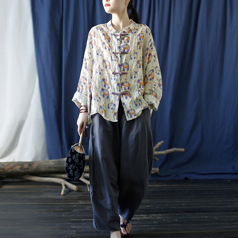 [LINASHANG Series] ★China style tops★ 3color shirt Improved temperament Improved Tang suit Loose print