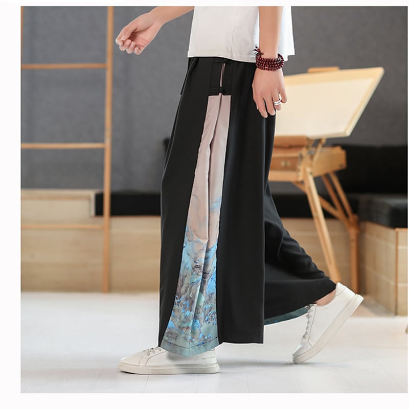 [Kusa Ink Series] ★Chinese-style pants★ Black Men's wide pants Large size Switching