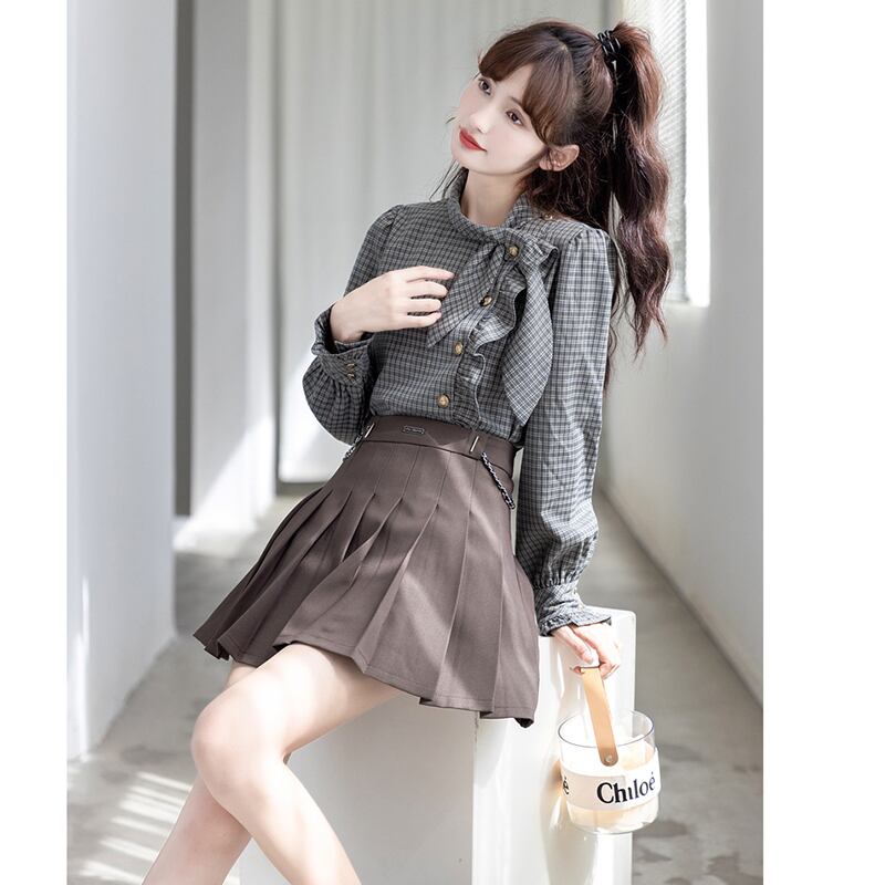 [GUIDUO Series] ★Shirt★ Tops, Long Sleeve Shirt, Plaid Pattern, Ladies, Improves Temperament, Ribbon, Cute, Date, Commuting