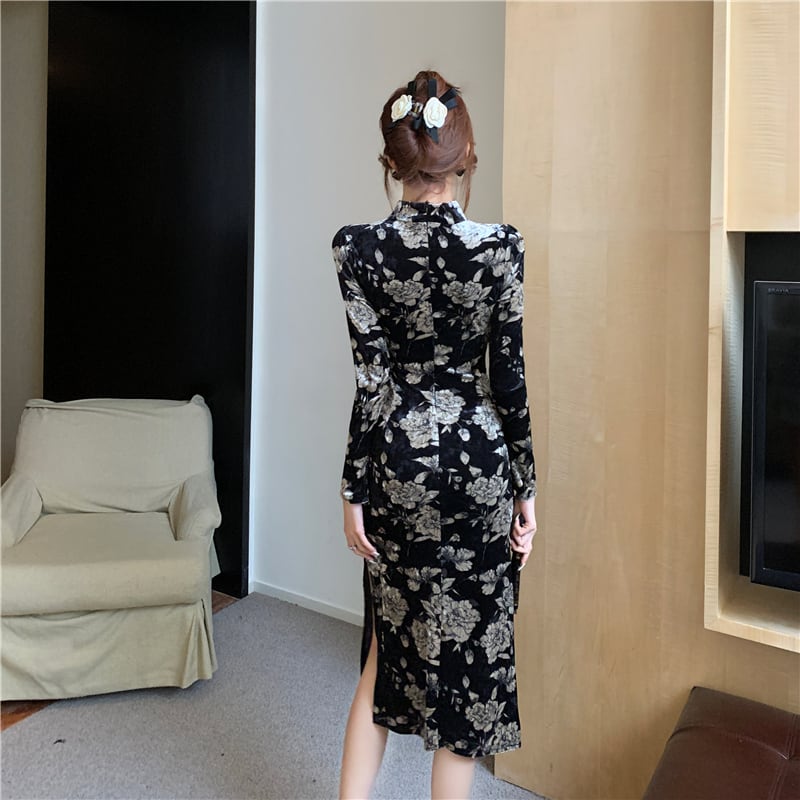 [Hundred Minute Eight Series] ★Floral pattern cheongsam★ Velvet, slimming, sexy, black, black SML, easy to match