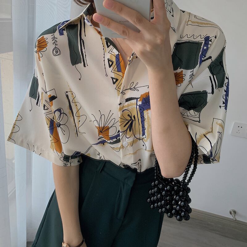 [YOUZI Series]★Retro Shirt★ Tops Printed Short Sleeves Floral Pattern Oil Painting Style Commuting Date Office Lady Office Improves Temperament