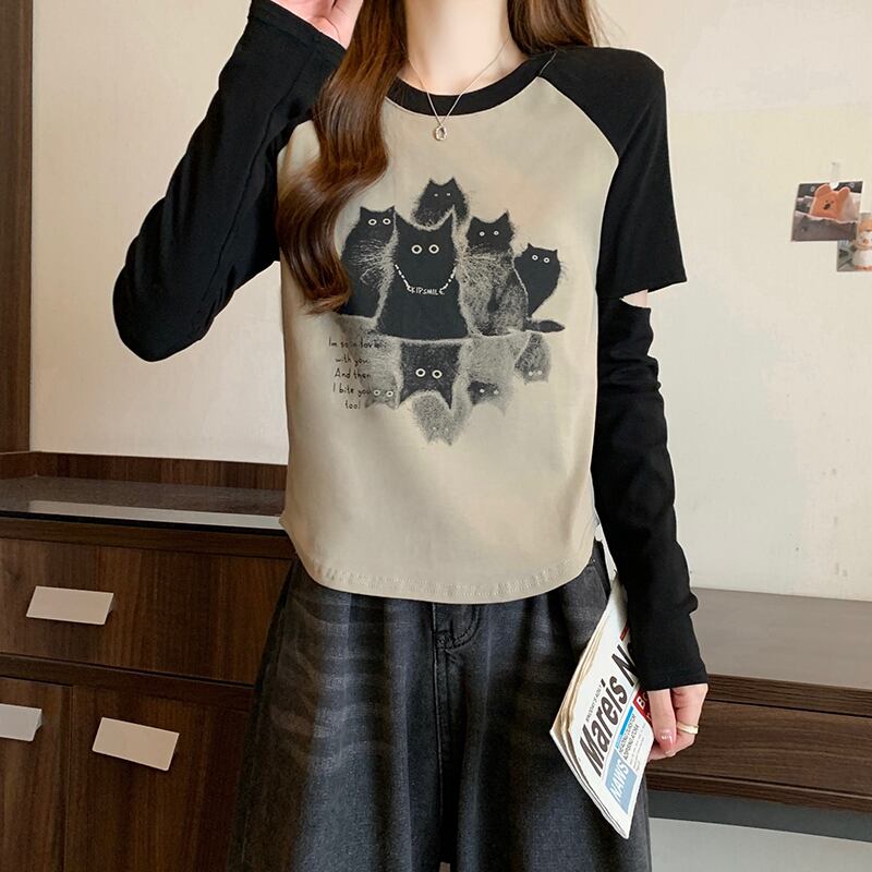 [XIMILU Series]★T-shirt★ 3color Tops Long Sleeve Cat Cat Cat Slimming Slim Black White Brown