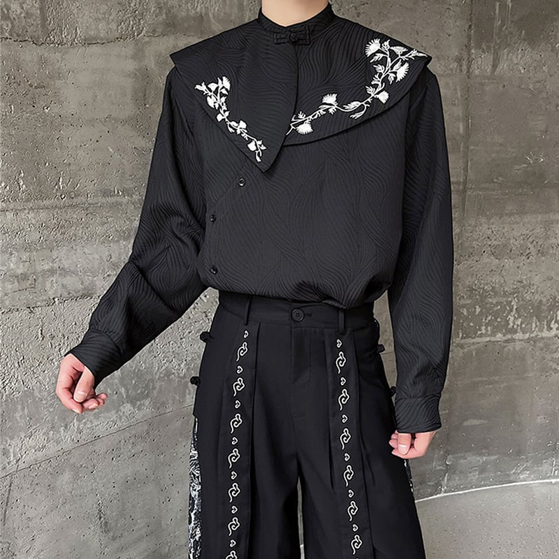 [Illustrated series] ★China style shirt★ 2color embroidery tops Unisex Men's ML XL Black Apricot