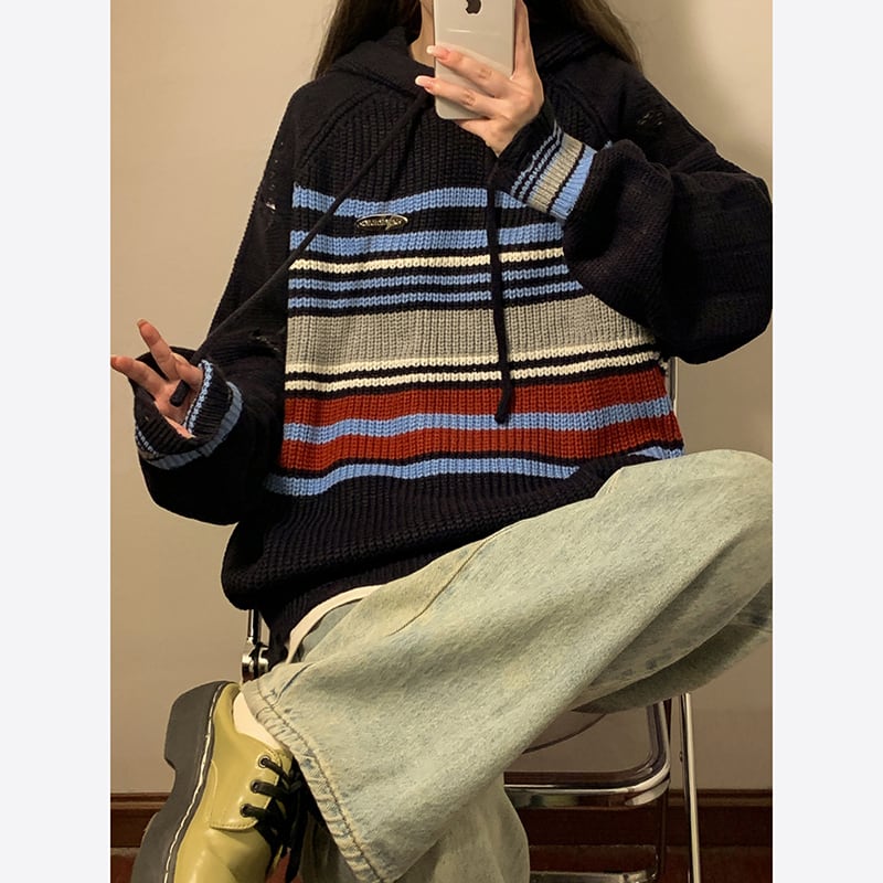 [NANSHI Series]★Parker★ 2color Knit Tops Knit Parka Unisex Men's Horizontal Striped Pattern