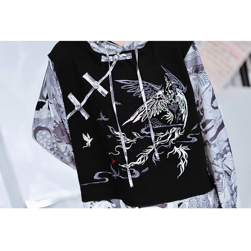 [Kyodo Series]★China style hoodie★ Faux layered unisex print color scheme switching S M L XL