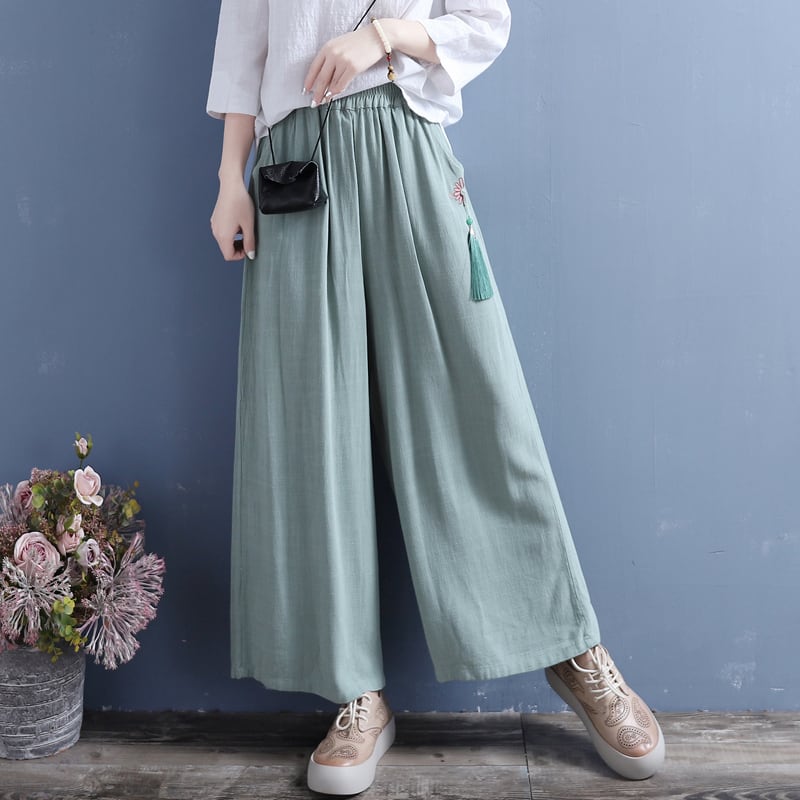 [Qing Series]★China style pants★ 4color White or Blue or Black Bottoms Casual Fringe Gaucho Pants