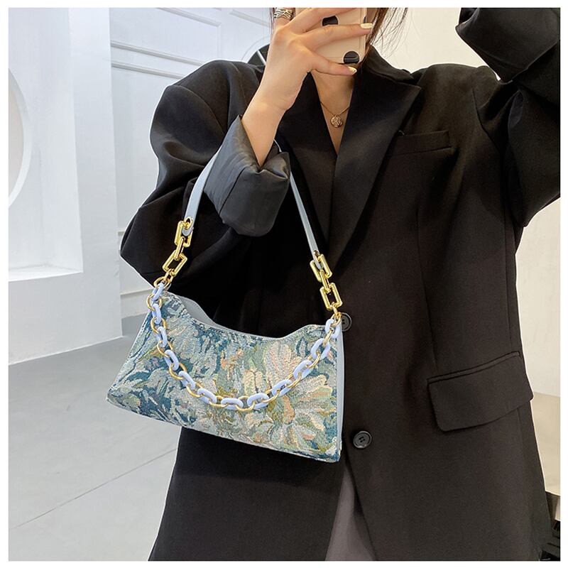 [ANDCICI Series] ★China style bag★ Oil painting style 2color floral pattern cute date commuting OL office blue green