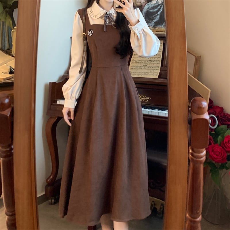 [Dong Xiaojie Series] ★One Piece★ 2color Ladies Fake Layered Navy Coffee Color Cute