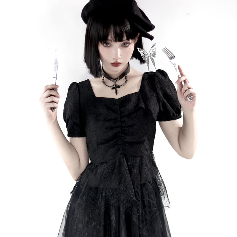 [Kokaishan---Hinago Series] ★Tops★ Short sleeve tops switching black black original short length