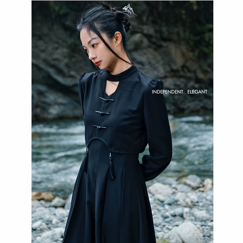 [Big Blue Dragon Series] ★China style dress★ Faux layered retro black black design