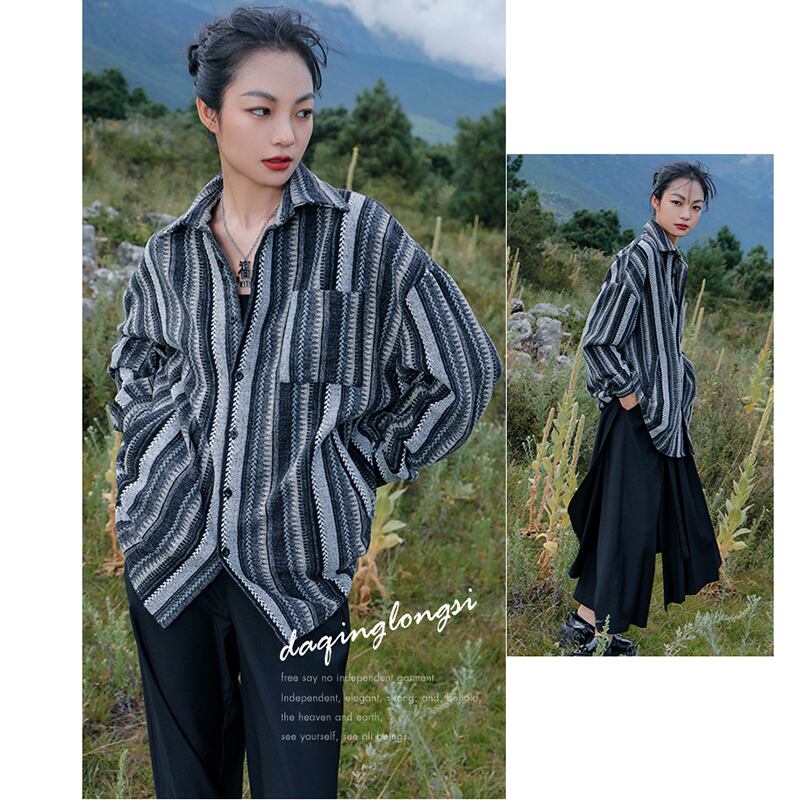 [Big Blue Dragon Series]★China style tops★ Shirt Vertical striped gray retro thick casual loose fitting