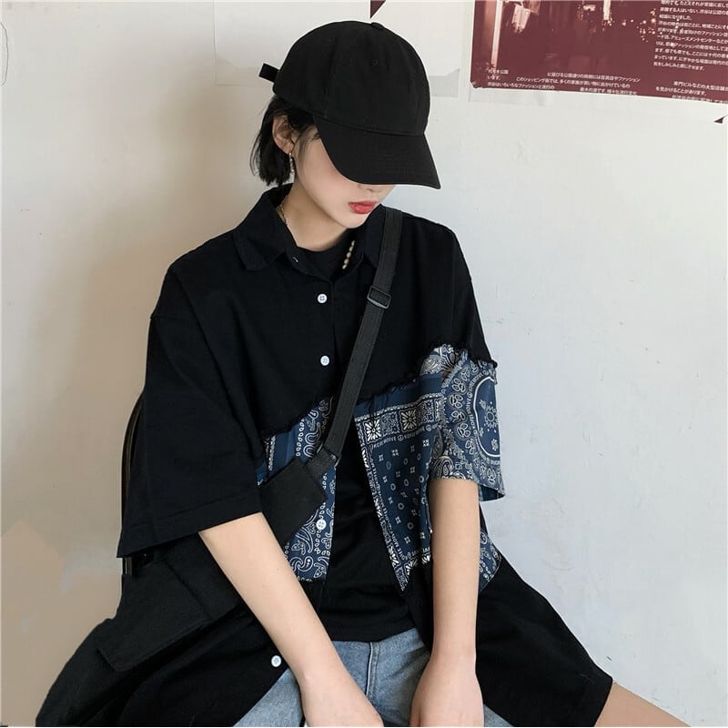 Time sale now on! ! [Style Series]★Shirt★ Tops Floral Pattern Switching Short Sleeve Shirt Unisex Print Men's Women's Black Black