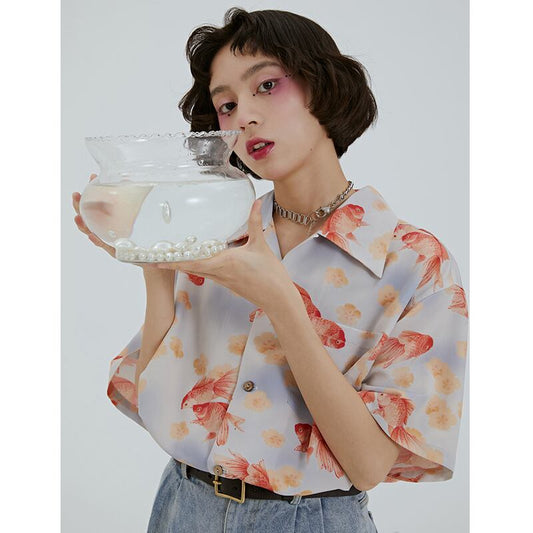 [Yangji Great Dream Series]★China style shirt★ Tops Goldfish print short sleeve shirt Cute cool summer clothes