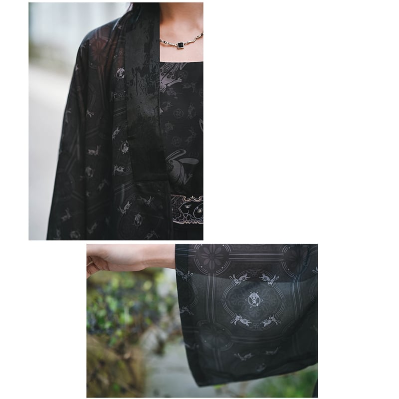 [Old Monster --- Rabbit Series] ★China style happi coat★ Tops Chiffon Thin Black Black Summer clothes Easy to match