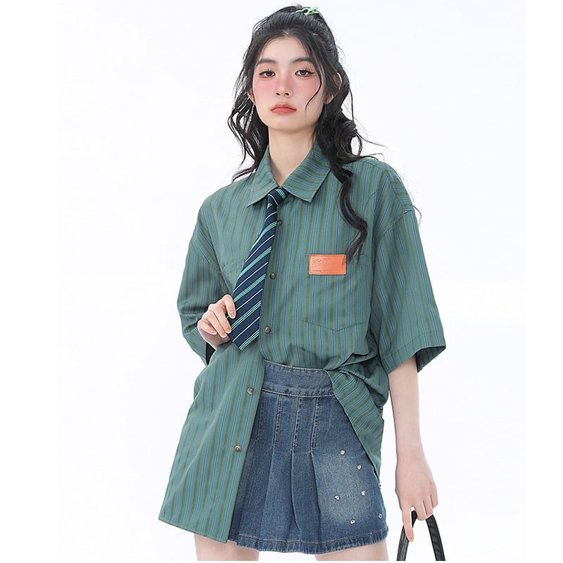 [Escaped Earth Series]★Shirt with tie★ 3color tops, short sleeve shirt, unisex, men's, vertical stripes, striped pattern, loose fit