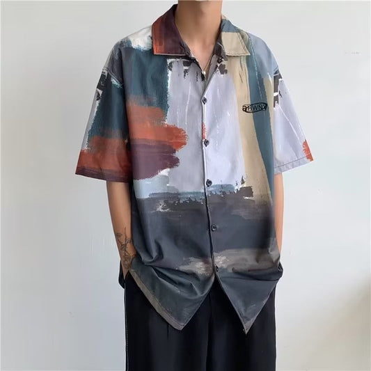 [BUKEXING Series]★Shirt★ Tops Unisex Men's Oil Painting Style Short Sleeve Thin Cool Unique Print