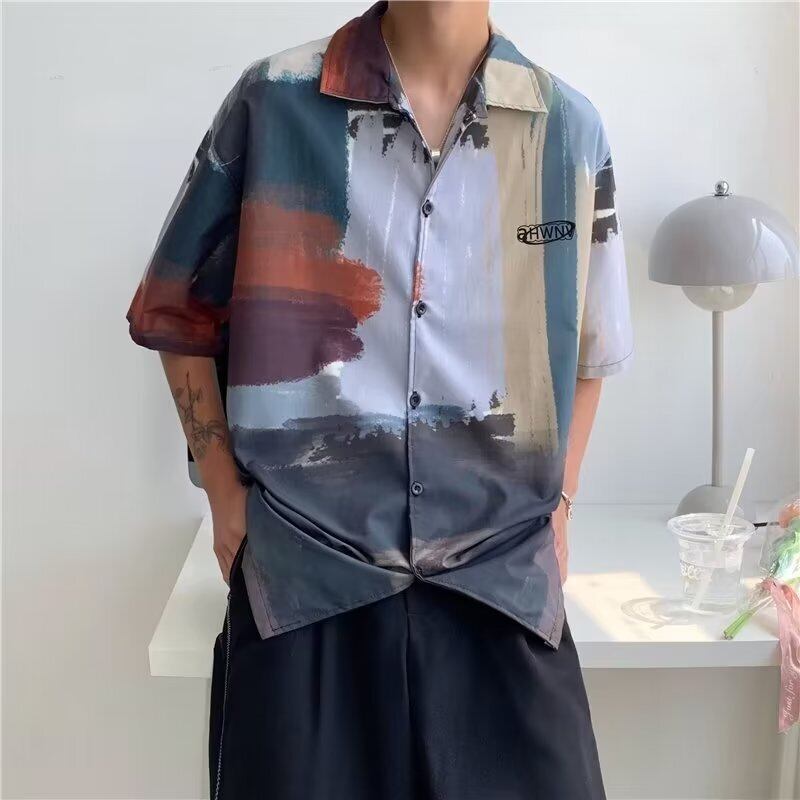 [BUKEXING Series]★Shirt★ Tops Unisex Men's Oil Painting Style Short Sleeve Thin Cool Unique Print