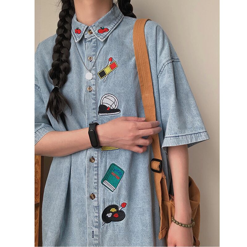 [KKTLL Series]★Shirt★ Embroidered shirt, short sleeve shirt, tops, unisex, men's ML XL denim shirt, cartoon