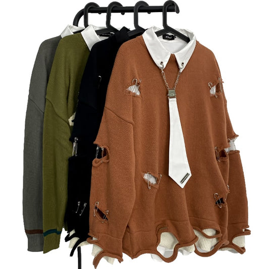 [Feel lonely series]★Sweater★ 2color tops Unisex Men's Distressed Stylish Black Brown