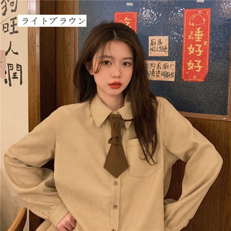 [Koshinke Series]★Shirt with tie★ Tops 3 colors Cute Easy to match Beige Light brown Pink