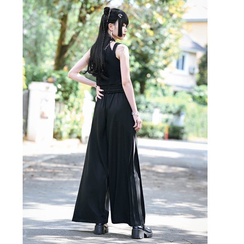 [Ancient monster---Long wind series]★China style pants★Bottoms Gaucho pants with belt Black Black