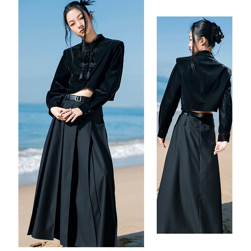 [Big Blue Dragon Series] ★China style outerwear★ Mini length Chinese button Mini length black black Chinese clothing