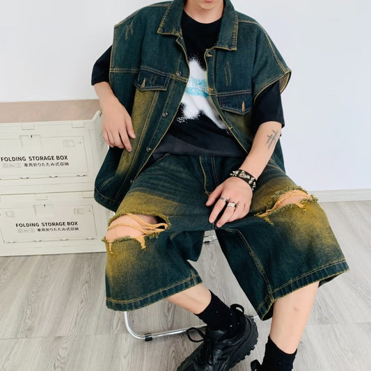 [Leonbinno Series]★Setup★ 2color 2-piece set Unisex Men's denim shirt + denim pants