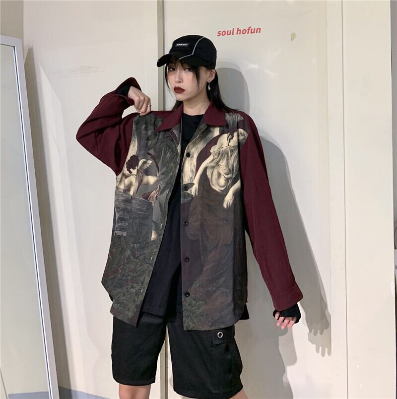 [Miyakoya Series]★Shirt★ Tops Loose ML Long Sleeve Print Unique Unisex Wine Red Red