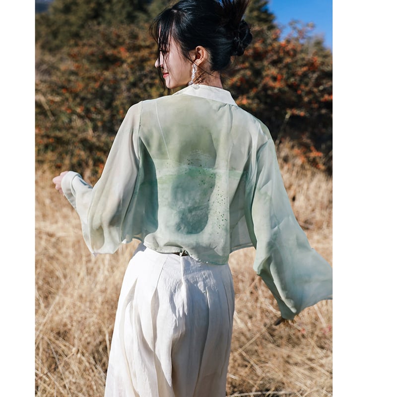 [Daiseiryusu Series] ★China-style shirt★ Tops, long sleeves, sheer, chiffon print, green, green