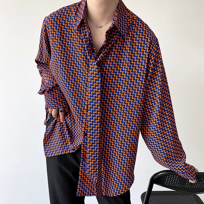 [Illustrated Series]★Shirt★ Tops 2color Unisex Men's Geometric Pattern Unique Spring Clothes ML XL Print Loose