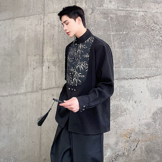 [Illustrated Series]★China Style Shirt★ Tops Unisex Men's Black Bamboo Pattern Switching Chinese Clothes