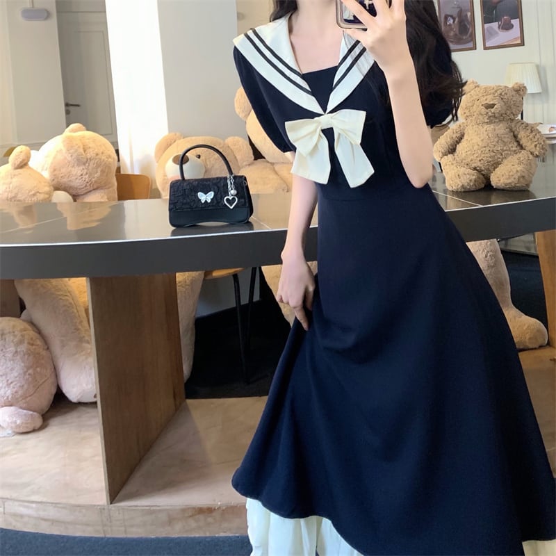 [Dong Xiaojie Series] ★Sailor color dress★ Cute color scheme date dark blue blue blue large size