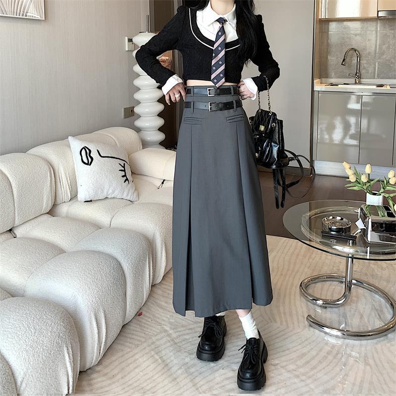 [Oya series] ★Skirt with belt★ 2color Good slimming effect Bottoms Plain Simple Gray Black