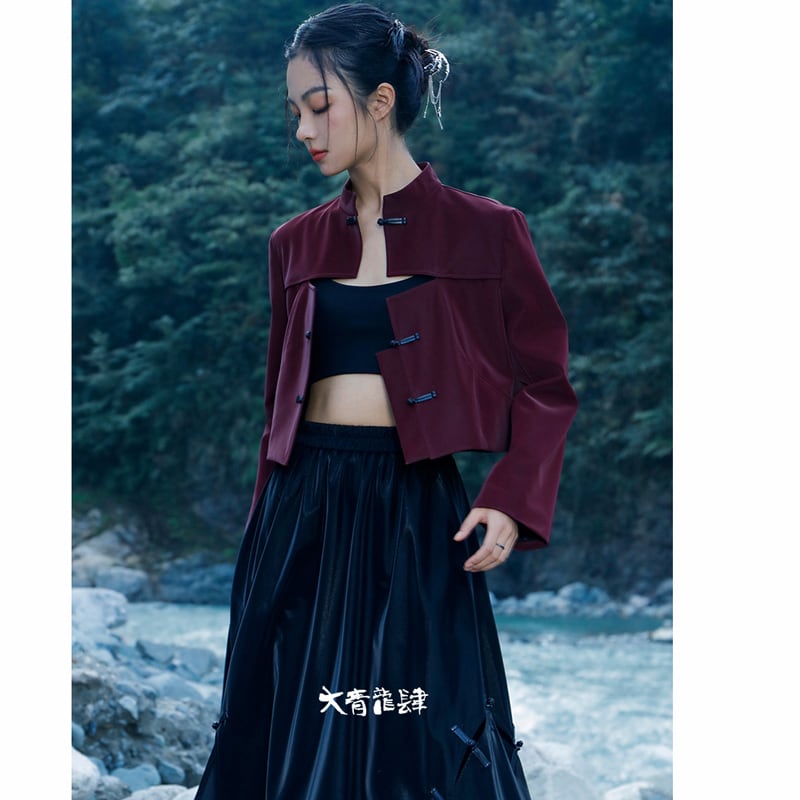 [Big Blue Dragon Series] ★China style outerwear★ PU jacket China button openwork wine red red