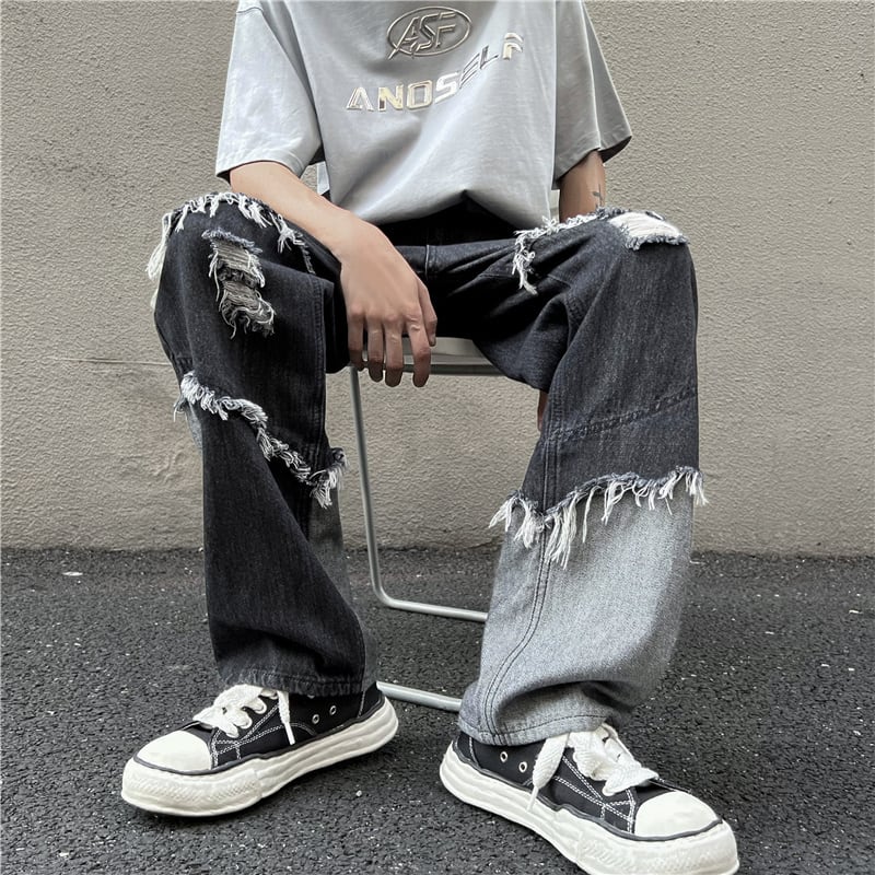 [MEINAN Series] ★Denim Pants★ Bottoms Pants Unisex Men's Fringe Stylish Black Black