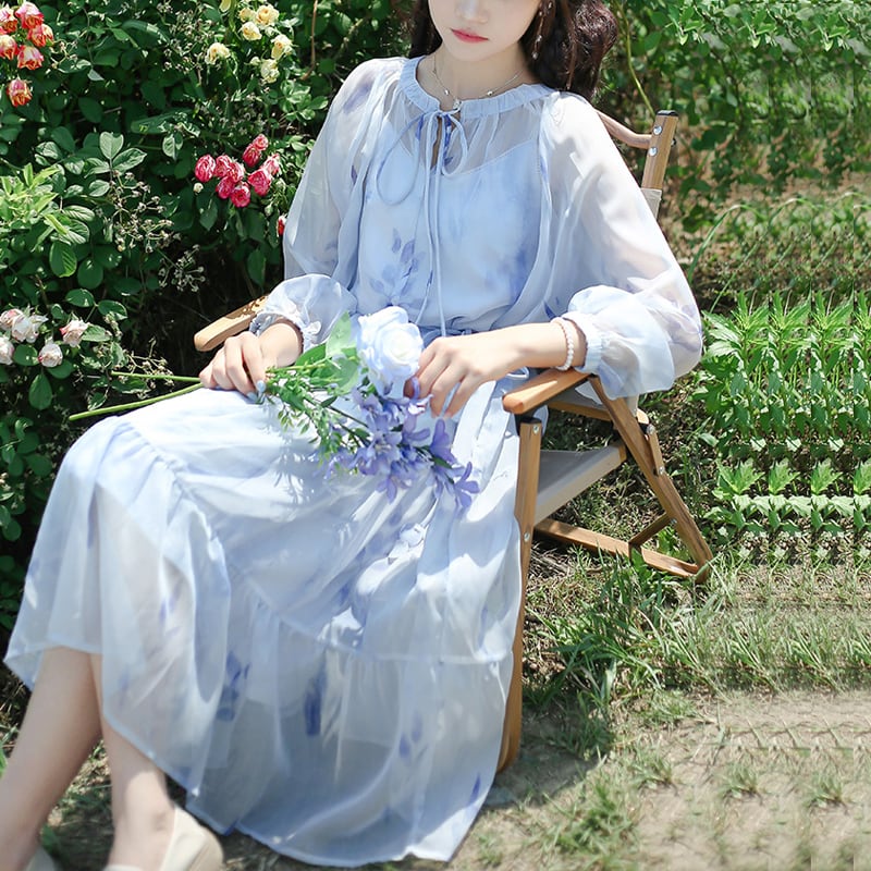 [Hakushu Series] ★2-piece dress set★ Hanging dress + long sleeve dress + chiffon Blue Blue Cute