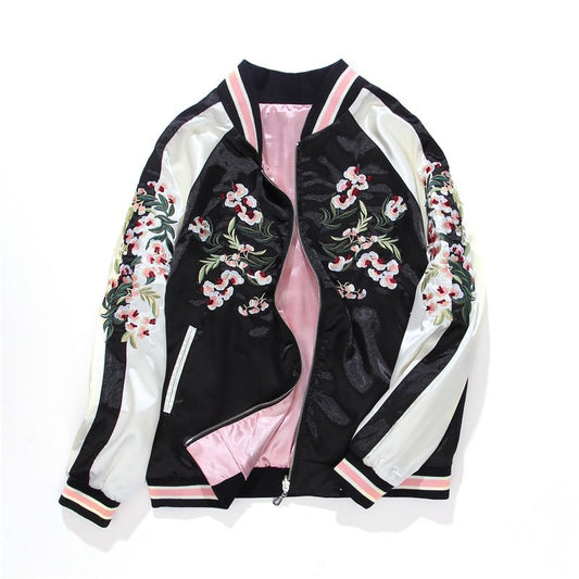 Flower embroidered stadium jacket, double-sided clothing, Chinese style clothing, unisex, couple clothing, pink + black